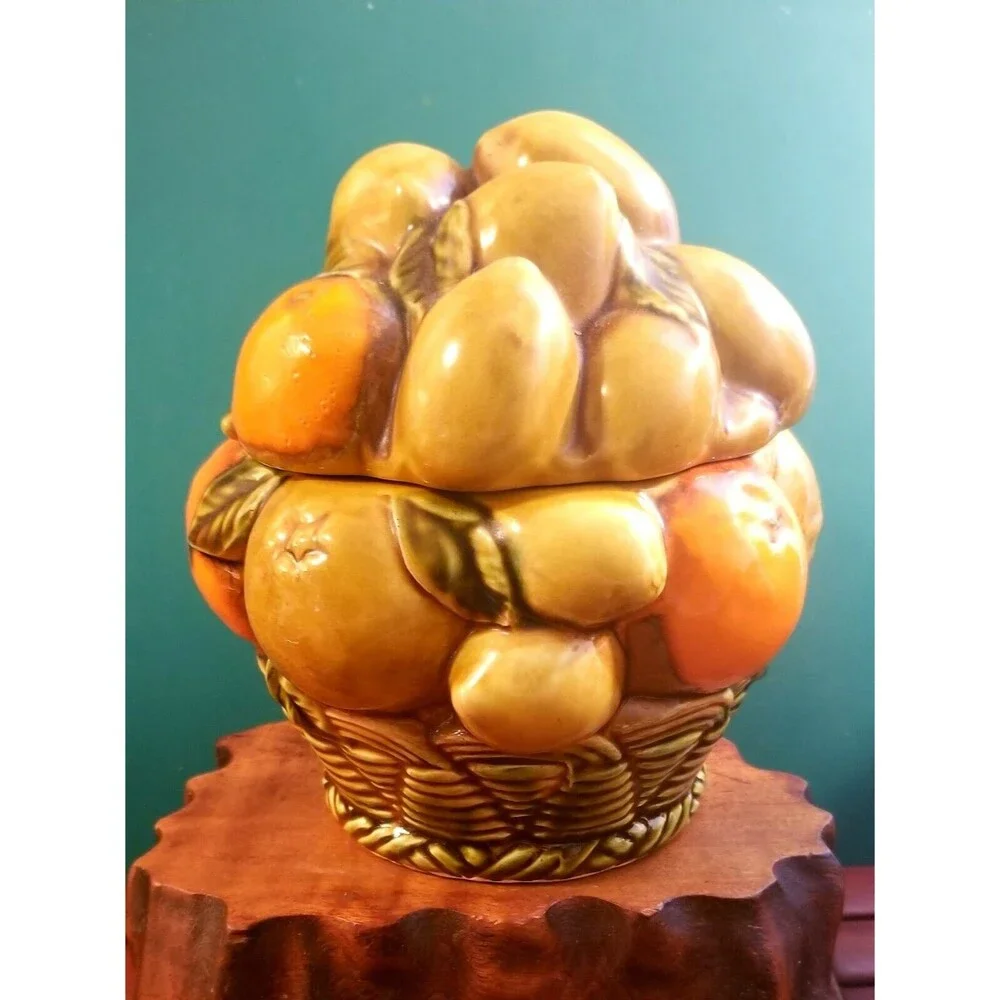 Vintage Inarco E3354 Covered Candy Dish Oranges Lemons Fruit Design 6.5